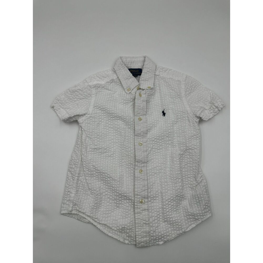 Polo Ralph Lauren Boys Seersucker Shirt Button Down Size 5 Short Sleeve White